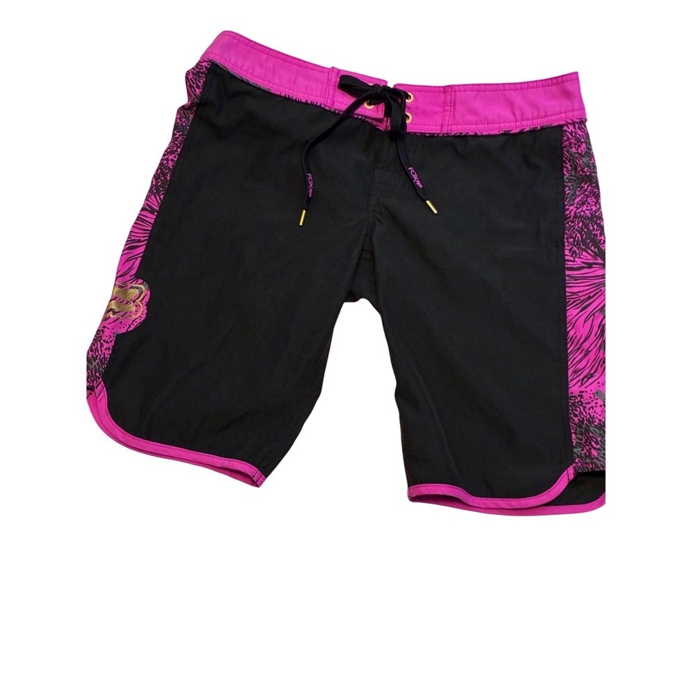 Fox Racing Womens Board Shorts Black Pink Animal Print Swim Size 5 Gold Logo